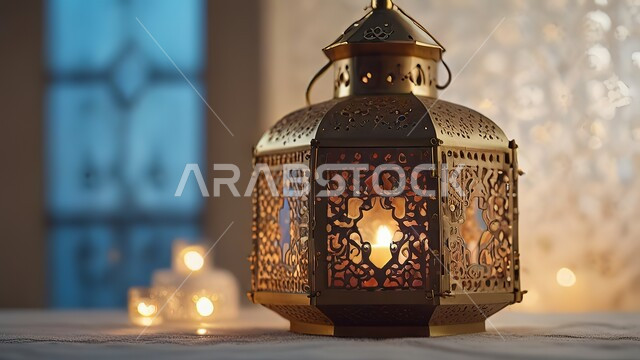 فانوس معدني مزخرف مضيئ، الاكسسوارات والزينة العربية والفن الإسلامي، تحف اسلامية تقليدية للاحتفال بقدوم شهر رمضان المبارك، أنوار وديكورات في الأجواء الرمضانية الروحانية، استقبال شهر الخير والبركة