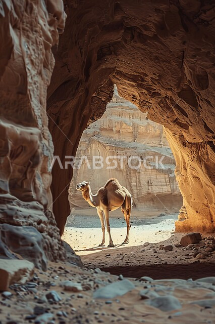 حيوان الجمل يقف وسط الرمال الذهبية الناعمة في المناطق الصحراوية، تربية الجمال والإبل في المحميات الطبيعية، معالم تاريخية أثرية قديمة، التكوينات والتشكلات الصخرية في محافظة العلا في النهار، رحلة سفاري في صحاري السعودية