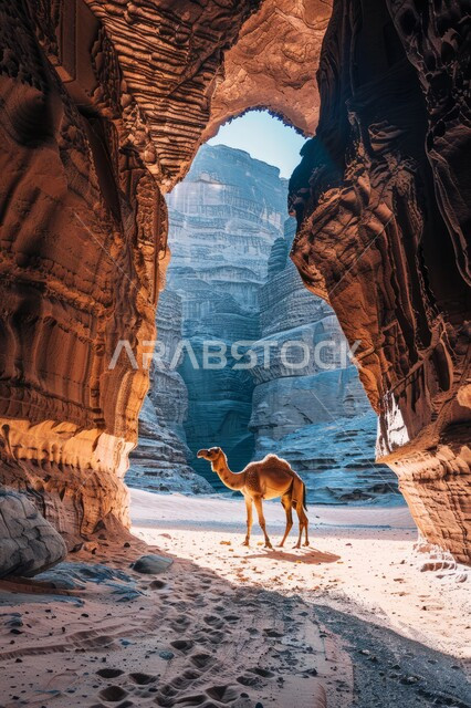 Raising camels and camels in natural reserves, ancient historical monuments, rock formations in Al-Ula Governorate during the day, a safari trip in the Saudi deserts, a camel standing in the middle of the soft golden sand in the desert areas.