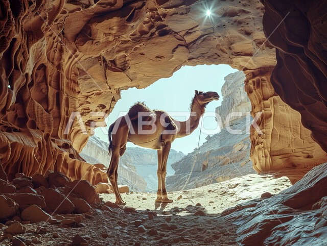 Rock formations and formations in AlUla Governorate during the day, a safari trip in the deserts of Saudi Arabia, a camel standing in the middle of soft golden sand in desert areas, breeding camels and camels in natural reserves, ancient historical monuments.
