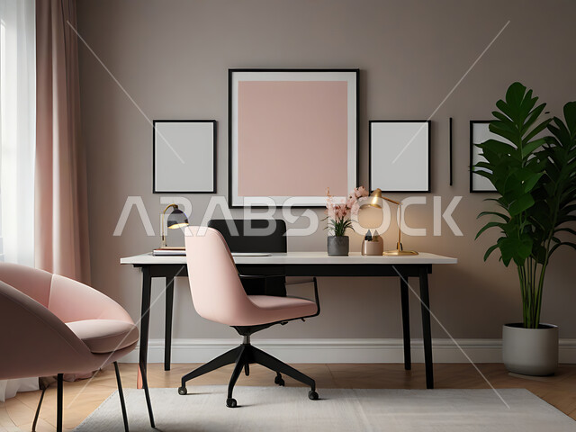 غرفة مكتبية بتصاميم عصرية حديثة، شقق وفلل سكنية راقية في المملكة العربية السعودية، أثاث منزلي وديكورات داخلية هادئة بتدرجات الوردي، الفن الهندسي الداخلي الأنيق