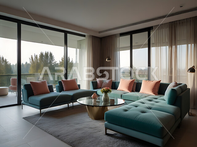 A living room with modern designs, luxurious interior design for living rooms, a glass facade overlooking the green nature, residential apartment decorations in the Kingdom of Saudi Arabia, upscale home furniture in light pink