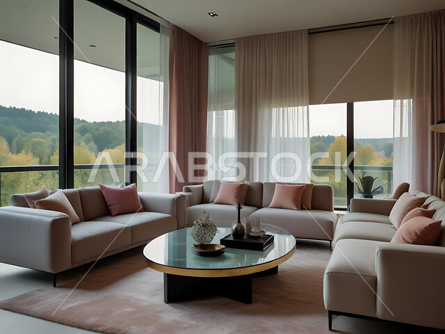 غرفة معيشة بتصاميم عصرية، تصميم داخلي فاخر لغرف الجلوس، واجهة زجاجية مطلة على الطبيعة الخضراء، ديكورات الشقق السكنية في المملكة العربية السعودية، أثاث منزلي راقي باللون الوردي الفاتح