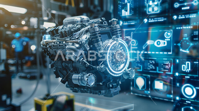 التقدم والتطور التقني والتكنولوجي, رؤية مستقبلية سعودية 2030, المخططات والتصاميم الهندسية لمشاريع المستقبل, رسوم بيانية هولوجرامية ثلاثية الابعاد للنموذج الأولي لمحرك السيارة, مفهوم صناعة السيارات