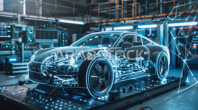 التصاميم الهندسية والمخططات لمشاريع المستقبل, التطور و التقدم التقني والتكنولوجي, رؤية مستقبلية سعودية 2030, رسوم بيانية هولوجرامية ثلاثية الابعاد للنموذج الأولي لهيكل السيارة, مفهوم صناعة السيارات