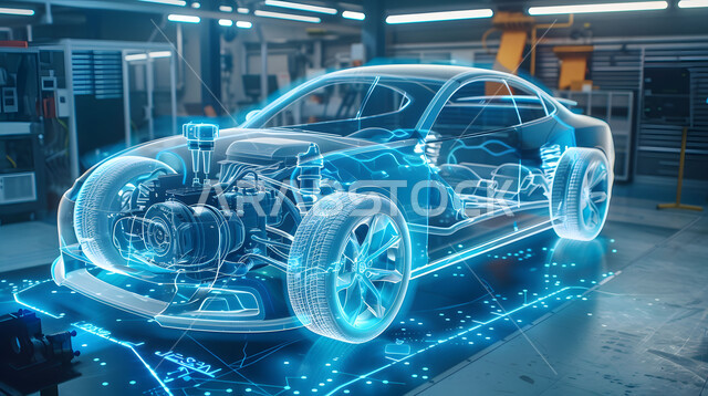 التصاميم الهندسية والمخططات لمشاريع المستقبل, التطور و التقدم التقني والتكنولوجي, رؤية مستقبلية سعودية 2030, رسوم بيانية هولوجرامية ثلاثية الابعاد للنموذج الأولي لهيكل السيارة, مفهوم صناعة السيارات