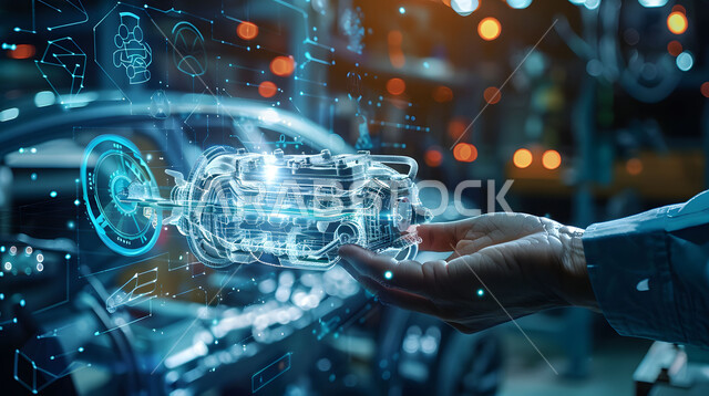 المخططات والتصاميم الهندسية لمشاريع المستقبل, التقدم والتطور التقني والتكنولوجي, رؤية مستقبلية سعودية 2030, صورة مقربة لأيدي رجل يندمج مع رسوم بيانية هولوجرامية ثلاثية الابعاد للنموذج الأولي لمحرك السيارة, مفهوم صناعة السيارات