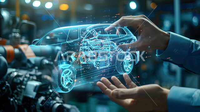 Engineering plans and designs for future projects, technical and technological progress and development, a Saudi future vision 2030, a close-up image of a man’s hands merging with three-dimensional holographic diagrams of a prototype car body, the concept of the automobile industry