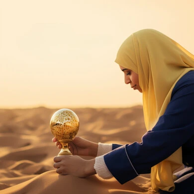 الفخر والاعتزاز بالفوز والنجاح، امراه عربية خليجية سعودية محجبه تضع كأس العالم على الرمال الذهبيه الناعمه في الصحراء وقت النهار، خلفية الطبيعه الصحراويه