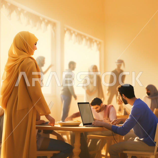 استخدام الأجهزة التقنية الحديثة في المكاتب، التفاهم والتعاون بين الزملاء لتحقيق أهداف الشركة، رسوم توضيحية لاجتماع عمل مع موظفين عرب خليجيين سعوديين في غرفة الاجتماعات، بيئة العمل المريحة في الشركات السعودية