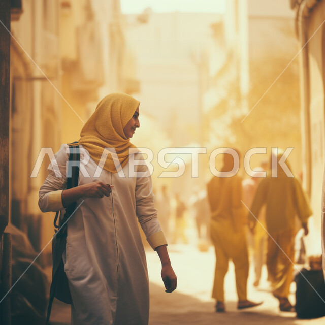 قضاء اوقات ممتعة في الهواء الطلق، إمرأة عربية خليجية سعودية محجبة ترتدي الجلباب تقوم بالتأمل وتنظر إلى مكان ما، التجول والتنزه في طرقات المدينة القديمة