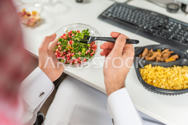 A complete healthy meal consisting of fresh vegetable salad and a plate of meat with a little healthy rice, a diet for a lean body and an ideal weight, cold appetizers and hot meals.