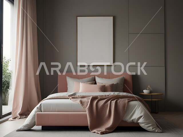 غرفة نوم بتصاميم عصرية فاخرة، غرف بتصاميم وديكورات حديثة، لوحة بيضاء مستطيلة فارغة، موك اب ابيض، أثاث منزلي راقي، ديكور منزلي داخلي، شقق وفلل سكنية، فنادق ومنتجعات فاخرة