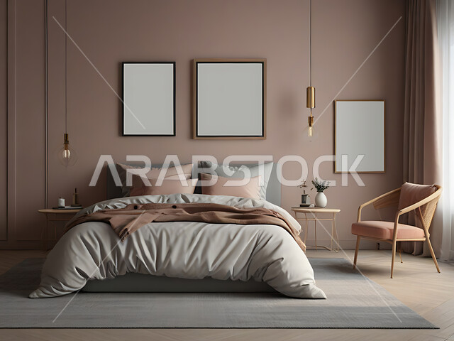 غرفة نوم بتصاميم عصرية فاخرة، غرف بتصاميم وديكورات حديثة، لوحة بيضاء مستطيلة فارغة، موك اب ابيض، أثاث منزلي راقي، ديكور منزلي داخلي، شقق وفلل سكنية، فنادق ومنتجعات فاخرة