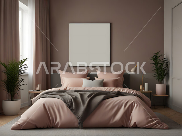 غرفة نوم بتصاميم عصرية فاخرة، غرف بتصاميم وديكورات حديثة، لوحة بيضاء مستطيلة فارغة، موك اب ابيض، أثاث منزلي راقي، ديكور منزلي داخلي، شقق وفلل سكنية، فنادق ومنتجعات فاخرة