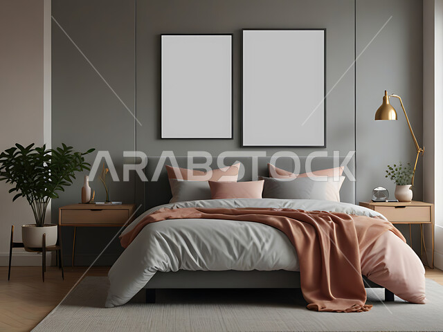 غرفة نوم بتصاميم عصرية فاخرة، غرف بتصاميم وديكورات حديثة، لوحة بيضاء مستطيلة فارغة، موك اب ابيض، أثاث منزلي راقي، ديكور منزلي داخلي، شقق وفلل سكنية، فنادق ومنتجعات فاخرة