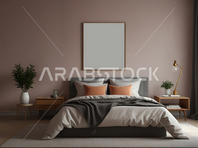 Bedroom with luxurious modern designs, rooms with modern designs and decor, blank rectangular whiteboard, white mockup, upscale home furniture, interior home decor, residential apartments and villas, luxury hotels and resort