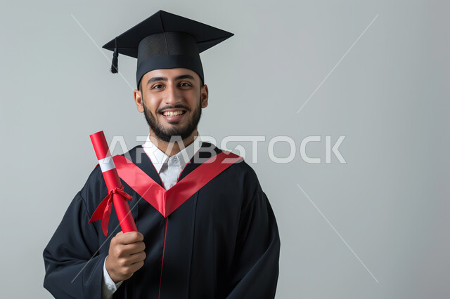 مفهوم الاجتهاد والتفوق، الاحتفال بإنهاء الدراسة الجامعية، بورتريه مقرب لطالب عربي سعودي خليجي يرتدي العباءه وقبعة التخرج يمسك بيده الشهادة ينظر إلى الكاميرا بإيماءات السعادة, الشعور بالفرح والذهول, خلفية رمادية