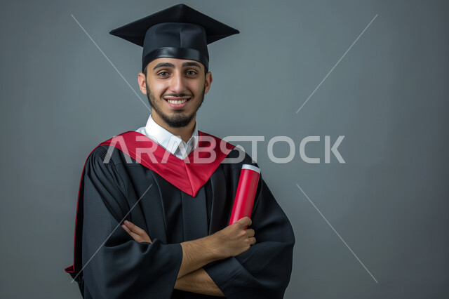مفهوم الاجتهاد والتفوق، الاحتفال بإنهاء الدراسة الجامعية، بورتريه مقرب لطالب عربي سعودي خليجي يرتدي العباءه وقبعة التخرج يمسك بيده الشهادة ينظر إلى الكاميرا بإيماءات السعادة, الشعور بالفرح والذهول, خلفية رمادية