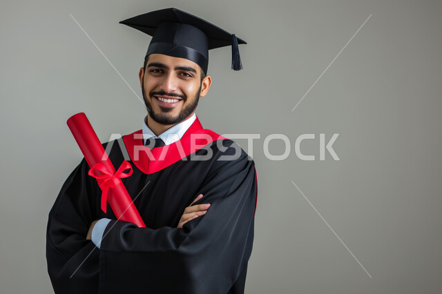 مفهوم الاجتهاد والتفوق، الاحتفال بإنهاء الدراسة الجامعية، بورتريه مقرب لطالب عربي سعودي خليجي يرتدي العباءه وقبعة التخرج يمسك بيده الشهادة ينظر إلى الكاميرا بإيماءات السعادة, الشعور بالفرح والذهول, خلفية رمادية
