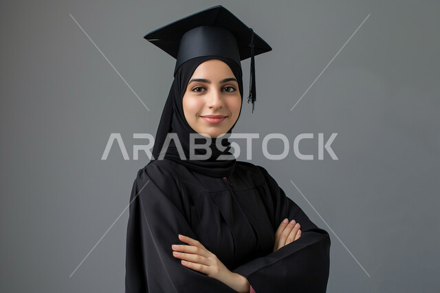 الاحتفال بإنهاء الدراسة الجامعية، مفهوم الاجتهاد والتفوق، بورتريه مقرب لطالبة عربية سعودية خليجية ترتدي العباءه وقبعة التخرج تنظر إلى الكاميرا بإيماءات السرور والثقة بالنفس, الشعور بالفرح والذهول, خلفية رمادية