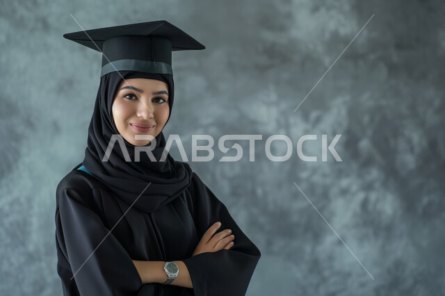 الاحتفال بإنهاء الدراسة الجامعية، مفهوم الاجتهاد والتفوق، صورة مقربة لطالبة عربية سعودية خليجية ترتدي العباءه وقبعة التخرج تنظر إلى الكاميرا بإيماءات السرور والثقة بالنفس, الشعور بالفرح والذهول, خلفية رمادية