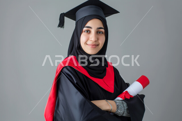 الاحتفال بإنهاء الدراسة الجامعية، مفهوم الاجتهاد والتفوق، بورتريه مقرب لطالبة عربية سعودية خليجية ترتدي العباءه وقبعة التخرج تمسك بيدها الشهادة تنظر إلى الكاميرا بإيماءات السرور والسعادة, الشعور بالفرح والذهول, خلفية رمادية