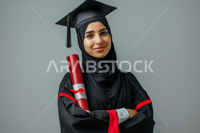 الاحتفال بإنهاء الدراسة الجامعية، مفهوم الاجتهاد والتفوق، بورتريه مقرب لطالبة عربية سعودية خليجية ترتدي العباءه وقبعة التخرج تمسك بيدها الشهادة تنظر إلى الكاميرا بإيماءات السرور والسعادة, الشعور بالفرح والذهول, خلفية رمادية