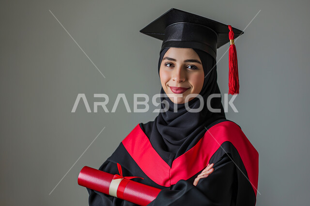 الاحتفال بإنهاء الدراسة الجامعية، مفهوم الاجتهاد والتفوق، بورتريه مقرب لطالبة عربية سعودية خليجية ترتدي العباءه وقبعة التخرج تمسك بيدها الشهادة تنظر إلى الكاميرا بإيماءات السرور والسعادة, الشعور بالفرح والذهول, خلفية رمادية