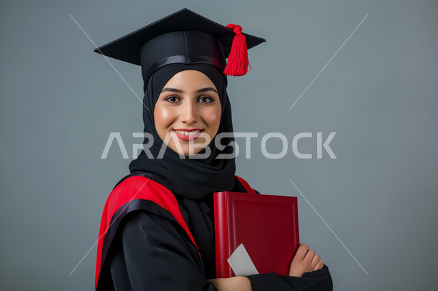 الاحتفال بإنهاء الدراسة الجامعية، مفهوم الاجتهاد والتفوق، بورتريه مقرب لطالبة عربية سعودية خليجية ترتدي العباءه وقبعة التخرج تمسك بيدها الكتاب تنظر إلى الكاميرا بإيماءات السرور والسعادة, الشعور بالفرح والذهول, خلفية رمادية