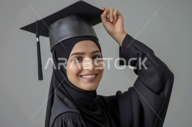 الشعور بالفرح والسرور, الاحتفال بإنهاء الدراسة الجامعية، مفهوم الاجتهاد والتفوق، بورتريه مقرب لطالبة عربية سعودية خليجية ترتدي العباءه وتمسك بيدها قبعة التخرج تنظر إلى الكاميرا بإيماءات السعادة والثقة بالنفس, خلفية رمادية