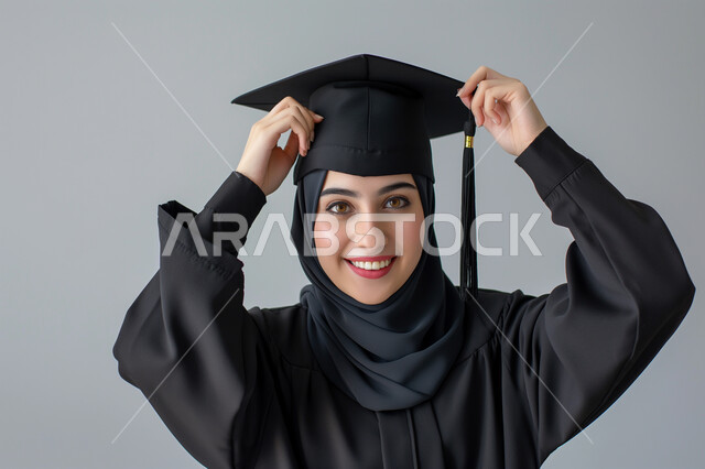 الشعور بالفرح والسرور, الاحتفال بإنهاء الدراسة الجامعية، مفهوم الاجتهاد والتفوق، بورتريه مقرب لطالبة عربية سعودية خليجية ترتدي العباءه و قبعة التخرج تقوم بتعديل لباسها تنظر إلى الكاميرا بإيماءات السعادة والثقة بالنفس, خلفية رمادية