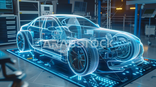 التصاميم الهندسية والمخططات لمشاريع المستقبل, مفهوم صناعة السيارات، رسوم بيانية هولوجرامية ثلاثية الابعاد للنموذج الأولي لهيكل السيارة، التطور و التقدم التقني والتكنولوجي, رؤية مستقبلية سعودية