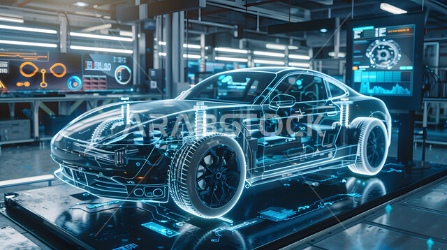 التطور و التقدم التقني والتكنولوجي في السعودية, مفهوم صناعة السيارات، التصاميم الهندسية والمخططات لمشاريع المستقبل، رسوم بيانية هولوجرامية ثلاثية الابعاد للنموذج الأولي لهيكل السيارة، رؤية مستقبلية