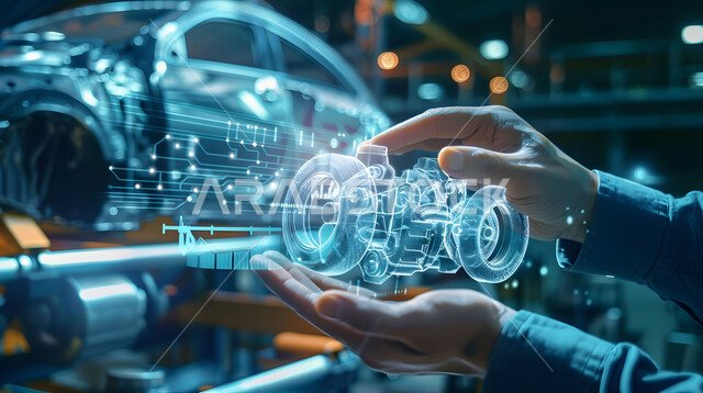 التطور والتقدم التقني والتكنولوجي, مفهوم صناعة السيارات، المخططات والتصاميم الهندسية لمشاريع المستقبل, صورة مقربة لأيدي رجل يتفاعل ويندمج مع رسوم بيانية هولوجرامية ثلاثية الابعاد للنموذج الأولي لهيكل ومحرك السيارة, رؤية مستقبلية سعودية 2030