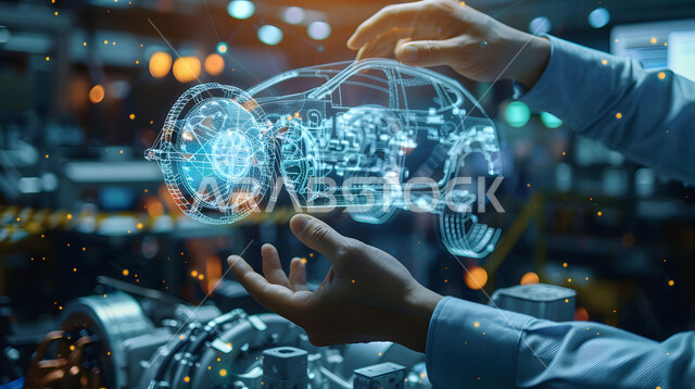 Engineering plans and designs for future projects, technical and technological progress and development, a close-up image of a man’s hands interacting and merging with three-dimensional holographic diagrams of the prototype of the car’s structure and engine, the concept of the automobile industry, a Saudi future vision 2030