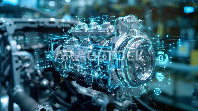 Three-dimensional holographic diagrams of the prototype of a car engine, the concept of the automobile industry, technical and technological progress and development, Saudi future vision 2030, engineering plans and designs for future projects