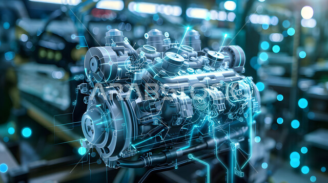 التصاميم والمخططات الهندسية لمشاريع المستقبل، رسوم بيانية هولوجرامية ثلاثية الابعاد للنموذج الأولي لمحرك السيارة, مفهوم صناعة السيارات، التقدم والتطور التقني والتكنولوجي, رؤية مستقبلية سعودية 2030