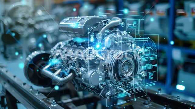 التصاميم والمخططات الهندسية لمشاريع المستقبل، رسوم بيانية هولوجرامية ثلاثية الابعاد للنموذج الأولي لمحرك السيارة, مفهوم صناعة السيارات، التقدم والتطور التقني والتكنولوجي, رؤية مستقبلية سعودية 2030