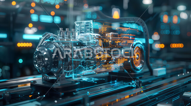 التصاميم والمخططات الهندسية لمشاريع المستقبل، رسوم بيانية هولوجرامية ثلاثية الابعاد للنموذج الأولي لمحرك السيارة, مفهوم صناعة السيارات، التقدم والتطور التقني والتكنولوجي, رؤية مستقبلية سعودية 2030