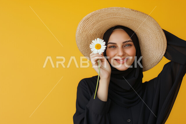 مفهوم النعومة و الأنوثة، الاهتمام بالأناقة والمظهر الخارجي، بورتريه مقرب لامرأة عربيه خليجيه سعودية مبتسمة محجبة ترتدي قبعة قش تنظر إلى الكاميرا وتحمل بيدها زهرة الاقحوان، أزياء محجبات عصرية حديثة، خلفية صفراء