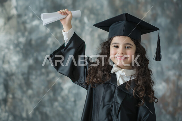 النجاح والاجتهاد والتفوق، الشعور بالفرح والسرور, صورة مقربة لطالبة عربية سعودية خليجية ترتدي العباءه و قبعة التخرج تمسك بيدها الشهادة تنظر بإيماءات السعادة, تعابير البراءة والطفولة، خلفية ملونة