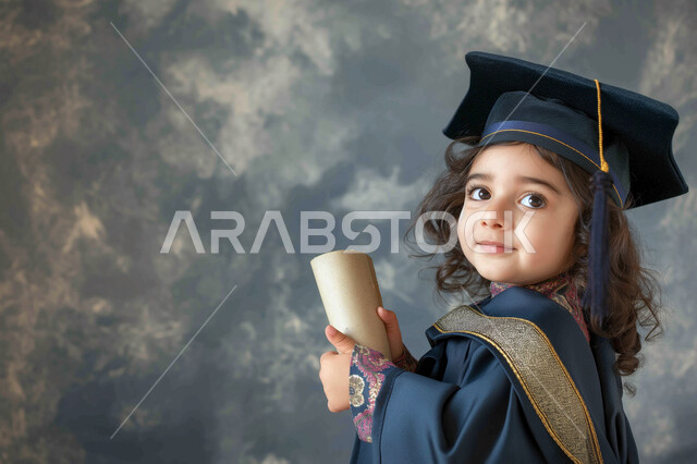 النجاح والاجتهاد والتفوق، الشعور بالفرح والسرور, صورة مقربة من الخلف لطالبة عربية سعودية خليجية ترتدي العباءه و قبعة التخرج تمسك بيدها الشهادة تنظر بإيماءات السعادة, تعابير البراءة والطفولة، خلفية ملونة