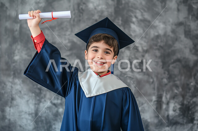 الاجتهاد والنجاح والتفوق، الشعور بالفرح والسرور, صورة مقربة لطالب عربي سعودي خليجي يرتدي العباءه و قبعة التخرج يرفع يده للأعلى يمسك الشهادة ينظر إلى الكاميرا بإيماءات السعادة, تعابير البراءة والطفولة، خلفية ملونة