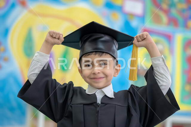 الاجتهاد والنجاح والتفوق، الشعور بالفرح والسرور, صورة مقربة لطالب عربي سعودي خليجي يرتدي العباءه يمسك بيده قبعة التخرج ينظر إلى الكاميرا بإيماءات السعادة, تعابير البراءة والطفولة، خلفية ملونة