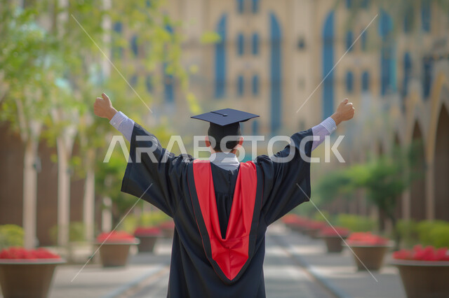 الشعور بالفخر والثقة بالنفس, الاحتفال بإنهاء الدراسة الجامعية، صورة مقربة من الخلف لطالب عربي سعودي خليجي يرتدي العباءه وقبعة التخرج يرفع يديه للأعلى بإيماءات الفرح والسرور, مفهوم الاجتهاد والتفوق