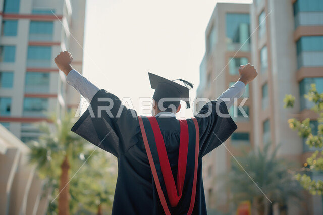 الشعور بالفخر والثقة بالنفس, الاحتفال بإنهاء الدراسة الجامعية، صورة مقربة من الخلف لطالب عربي سعودي خليجي يرتدي العباءه وقبعة التخرج يرفع يديه للأعلى بإيماءات الفرح والسرور, مفهوم الاجتهاد والتفوق