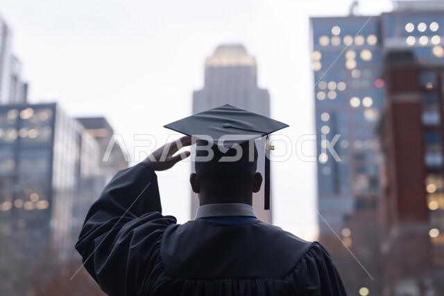 الشعور بالفخر والثقة بالنفس, الاحتفال بإنهاء الدراسة الجامعية، صورة مقربة من الخلف لطالب عربي سعودي خليجي يرتدي العباءه وقبعة التخرج يضع يده على رأسه بإيماءات التحية, مفهوم الاجتهاد والتفوق
