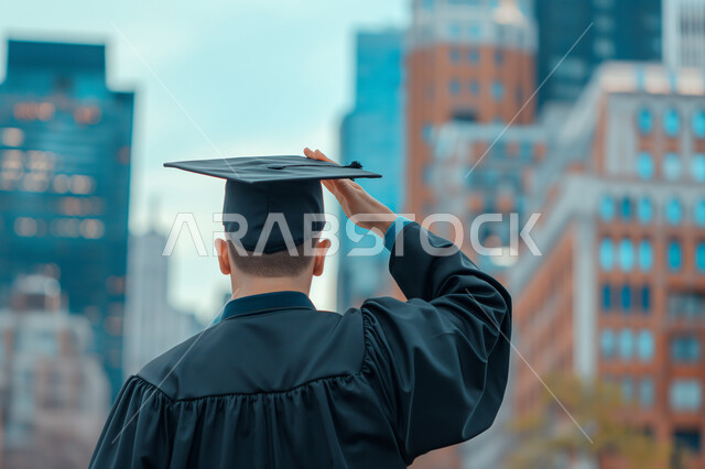 الشعور بالفخر والثقة بالنفس, الاحتفال بإنهاء الدراسة الجامعية، صورة مقربة من الخلف لطالب عربي سعودي خليجي يرتدي العباءه وقبعة التخرج يضع يده على رأسه بإيماءات التحية, مفهوم الاجتهاد والتفوق