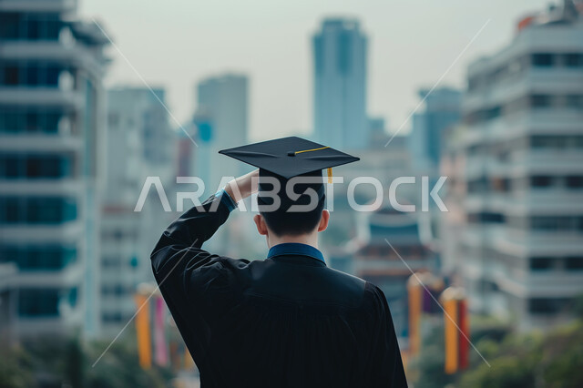 الشعور بالفخر والثقة بالنفس, الاحتفال بإنهاء الدراسة الجامعية، صورة مقربة من الخلف لطالب عربي سعودي خليجي يرتدي العباءه وقبعة التخرج يضع يده على رأسه بإيماءات التحية, مفهوم الاجتهاد والتفوق